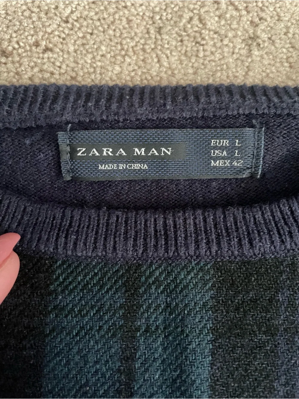 Zara Man Black and Dark Green Plaid Knit Sweater